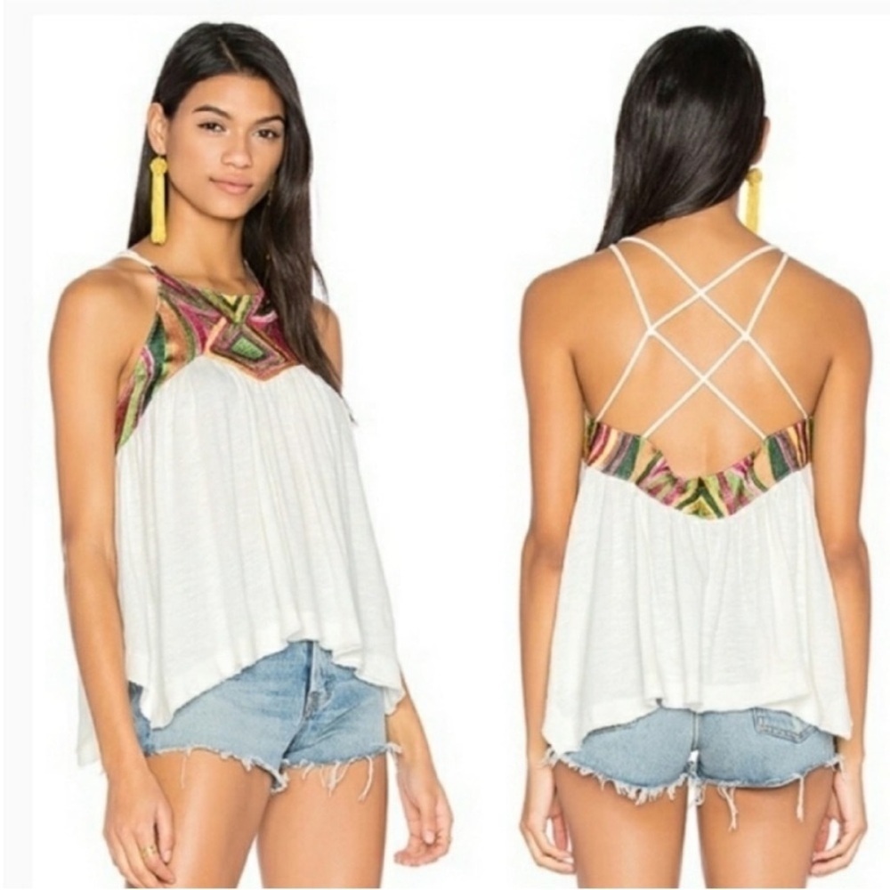 Free People Embroidered Beach Date Strappy Tank Top Ivory Combo